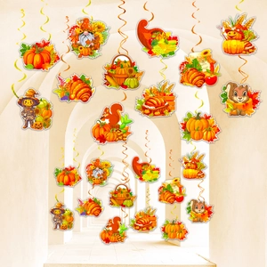 Hanging autumn harvest swirl decorations with pumpkin, scarecrow and foliage motifs
