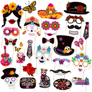 Day Of The Dead Photo Booth Props Sugar Skull Sombrero Guitar Flower Mexican Party Decoration Paper Cardstock Sticks