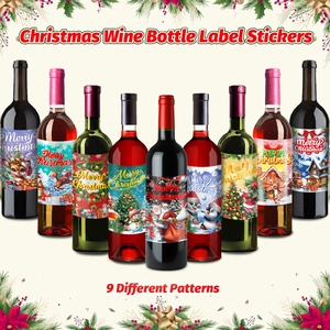 9-piece set of waterproof Christmas wine bottle labels with Santa and reindeer designs