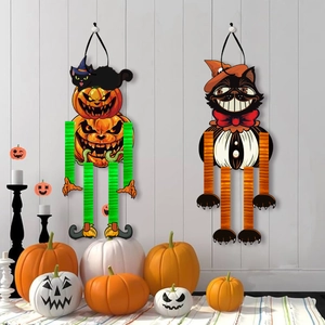 Halloween hanging honeycomb ornaments featuring pumpkin cat and black cat characters