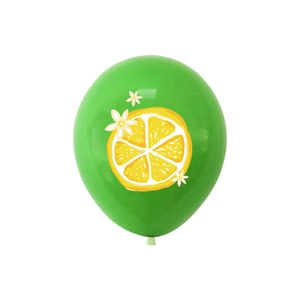 Detail of green latex balloon with yellow lemon slice patterns for party decoration
