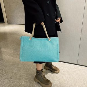 Detailed shot of large teal canvas tote bag with thick woven rope handles and zipper