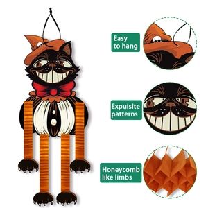 Halloween black cat hanging decoration with orange honeycomb limbs and wizard hat