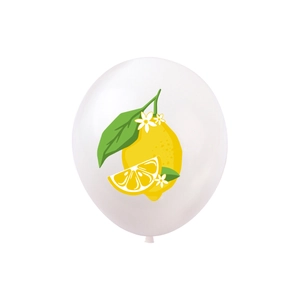 Detail of white latex balloon with a fresh yellow lemon and green leaf pattern design