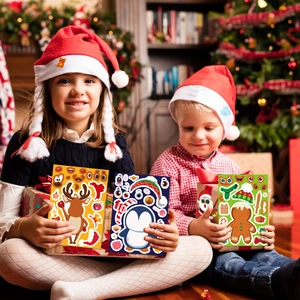 Kids making DIY Christmas stickers featuring reindeer and penguin in festive room
