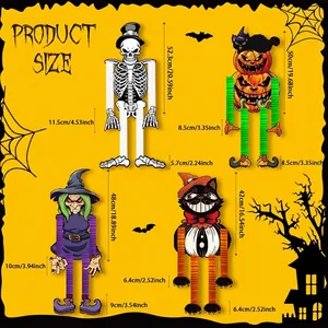 Halloween honeycomb ornaments size chart with skeleton witch and pumpkin hanging decorations