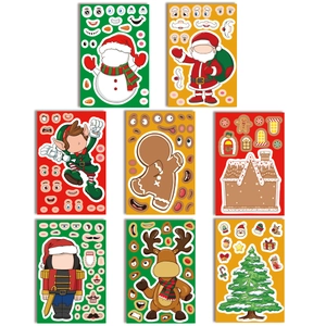 Detailed view of 8 different DIY Christmas character sticker sheets for kids' party gifts