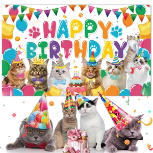 Cat birthday party background banner and colorful party hats set for pet celebration