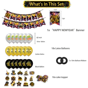 Detailed breakdown of Happy New Year party set including banners, balloons and cake toppers