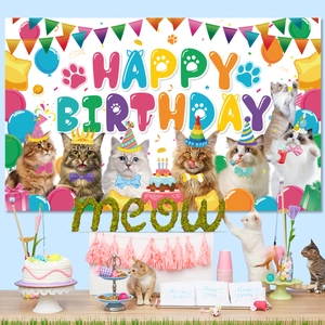 Cat theme happy birthday party backdrop with colorful feline prints and party decorations