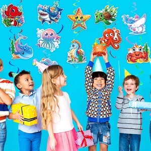 Detail of hanging ocean party decorations with cartoon sea creatures for birthday events