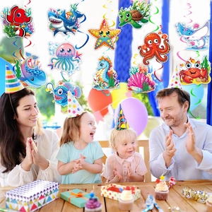Ocean theme birthday party spiral decorations featuring colorful sea creature hanging swirls