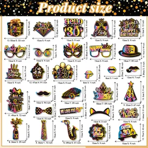 Tabla de tallas detallada de accesorios para fotos de 30 cumpleaños en negro y oro