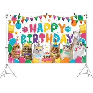 Cat birthday party backdrop featuring festive pets, cake and colorful balloons decoration