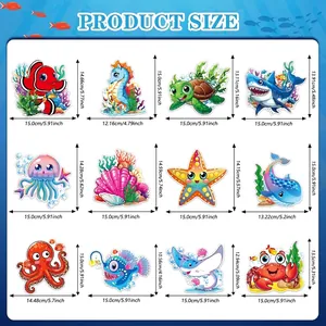 Size chart for 12 ocean creature party decorations including sharks and jellyfish