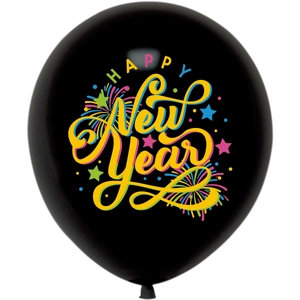 Detail of black New Year latex balloon with colorful fireworks and happy text decoration