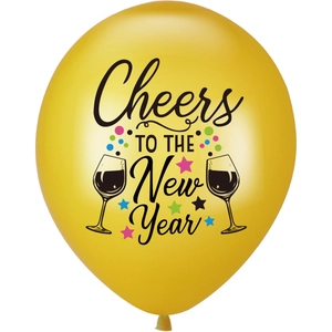 Yellow New Year latex balloon with Cheers TO THE New Year text and party star patterns