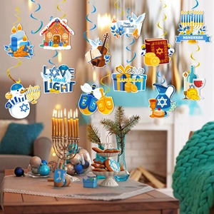 Lot de décorations de Hanoucca avec spirales bleues et dorées, motifs Ménorah et Dreidel