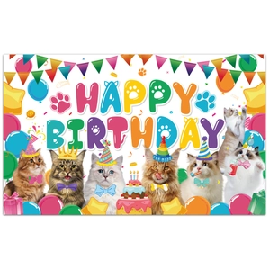 Detailed cat themed birthday backdrop with Happy Birthday text and colorful party balloons