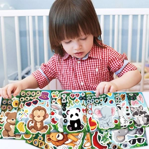 DIY jungle animal sticker set for kids featuring elephant, lion and interactive puzzles