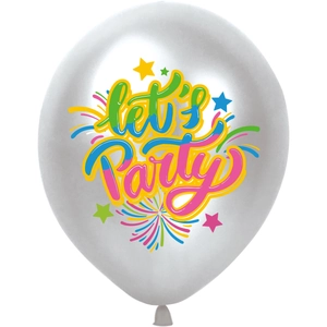 White party balloon featuring a colorful let's Party print and rainbow star decorations