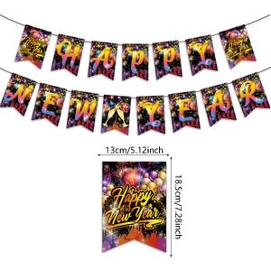Happy New Year party banner set with black swallowtail flags and colorful festive prints