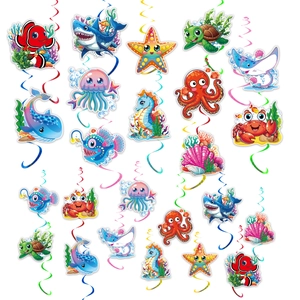 Ocean theme party hanging swirls with cartoon sea creature cutouts for kids birthday
