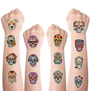 Set of 12 colorful Day of the Dead sugar skull stickers shown on hands as temporary tattoos
