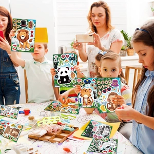 Kids making DIY jungle animal face stickers with lion and panda designs at a party