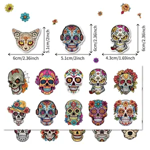 Size chart for colorful Day of the Dead skull stickers with detailed product dimensions