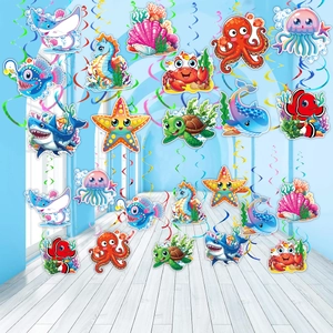 Hanging ocean theme party swirls featuring colorful cartoon shark, seahorse and turtle