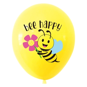 Yellow latex balloon featuring a cute cartoon bee and bee happy text for party decor