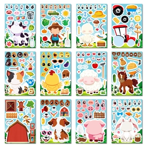 Detailed 12-sheet farm animal sticker set with cows, pigs, and tractors for DIY puzzles