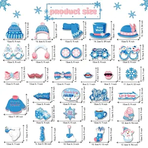 Size chart showing 25 pieces of winter wonderland themed photo booth props and dimensions