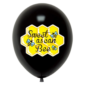 Detail of black party balloon with Sweet as can Bee text and cartoon bee pattern