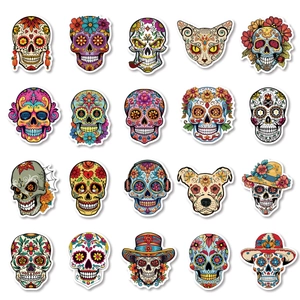 Set of 20 colorful Day of the Dead sugar skull stickers for Mexican party decorations