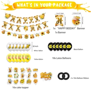 Detailed set of bee birthday party decorations with banner, balloons, and cake toppers