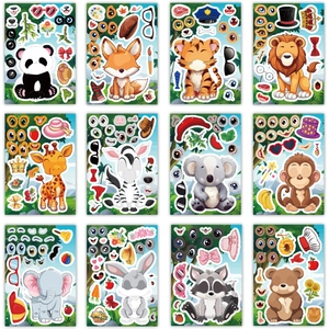Detailed 4x3 grid view of twelve unique jungle animal sticker sheets for kids' creative play