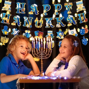 Close-up of Happy Hanukkah banner with Menorah and Star of David icons on blue cards