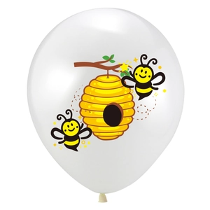 White latex balloon with cute bumblebee and beehive print for themed birthday parties