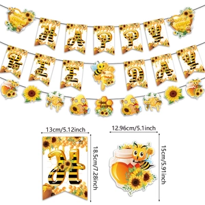 Bee and sunflower themed Happy Birthday party banner with detailed product dimensions