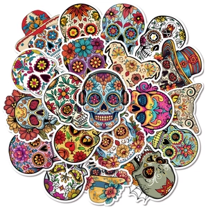 Waterproof Day of the Dead sugar skull stickers with colorful floral folk art designs