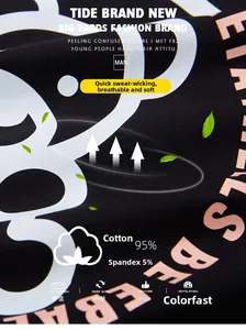 Close-up of black cotton T-shirt fabric showing breathable 95% cotton and 5% spandex blend