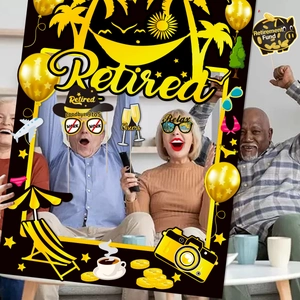 Funny retirement party photo booth props set with black and gold frames and festive masks