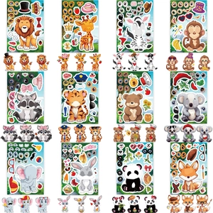 12-pack jungle animal make-a-face DIY stickers including lions, elephants and giraffes