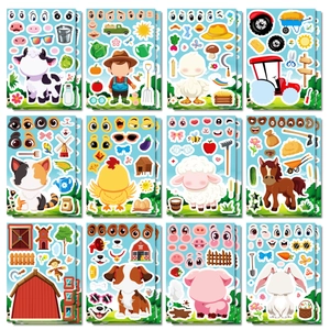 DIY Farm Animal Face Changing Stickers For Kids Educational Cow Pig Sheep Stickers Cartoon Farm Theme Party Favors Decorative Stickers