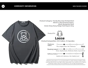 Detail showing 95% cotton fabric specs and bear print on dark gray oversized t-shirt