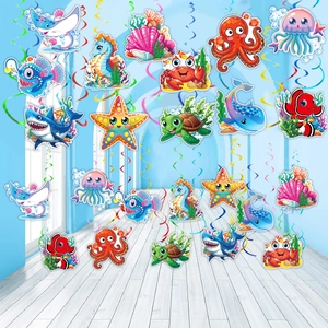 Ocean Theme Birthday Party Cartoon Sea Animal Hanging Swirls Octopus Shark Jellyfish Paper PVC Spiral Pendant For Kids
