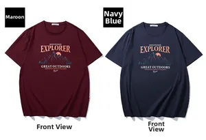 Detailed flat lay of navy blue and burgundy cotton T-shirts with mountain graphic print