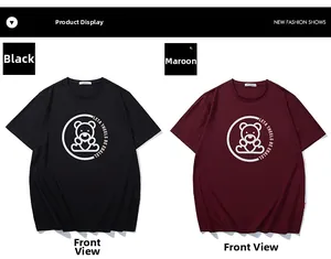 Detailed close-up of crew neck t-shirts in black and burgundy with white bear graphic